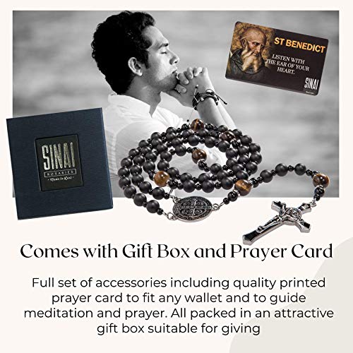 St Benedict Black Rosary Beads Catholic – Rugged Onyx Rosary – Handcrafted Stone Antique Rosary with Stainless Steel St Benedict Crucifix and Medal - Rosarios Catolicos para Hombre2