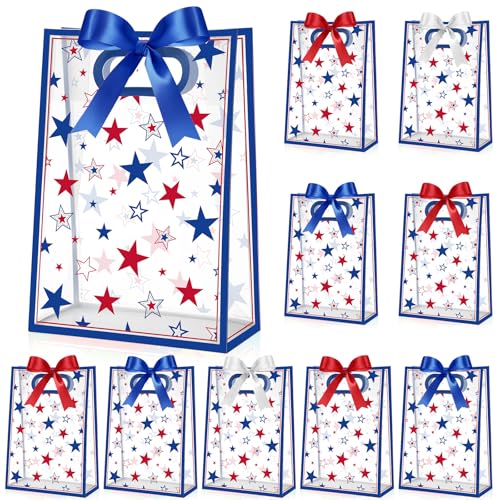 Aliceset 12 Pack Patriotic Gift Bags with Handles, Clear Red White Blue