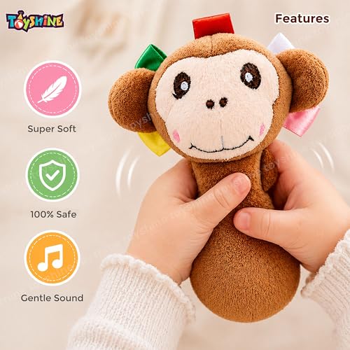 Image of Toyshine Pack of 3 Cute Animal Face Baby Hand Rattles Safe Lightweight and Easy to Hold Soft Stuffed Handy Rattles for Babies Infant Toddlers 6-12 Months - Monkey