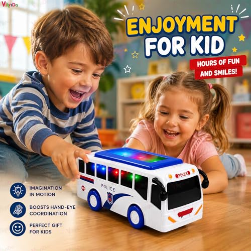 Image of VikriDA Friction Powered Police Bus Toy for Kids | Light & Sound Battery Operated Vehicle with LED Effects