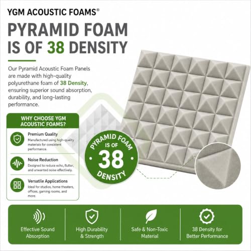 Image of YGM Acoustic Foams Pyramid Acoustic Panels 12″x12″x2″ Thick, Echo & Sound Absorption | Acoustical Sound Proof Foam for Room, Studio, Charcoal Black (Moon Grey (38 Density), Set of 36)
