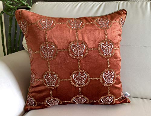 Image of TARA- Sparkling Homes 18 x 18 Inches Zari Embroidered Velvet Cushion Covers, 'Cleopatra' from 'The Royal Collection', Set of 1 (Burnt Orange, 18 x 18 Inches)