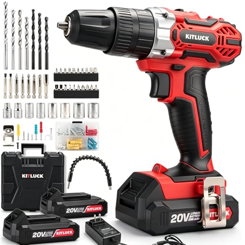 KITLUCK Cordless Drill Set, 20V Power Drill Kit Electric Drills with 2 X 2.0AH Battery, 44pcs Bits, 1 Box Screws, Bubble Level, 3/8'' Chuck Power Drill, 32NM, 21+3 Position, 2 Variable Speed