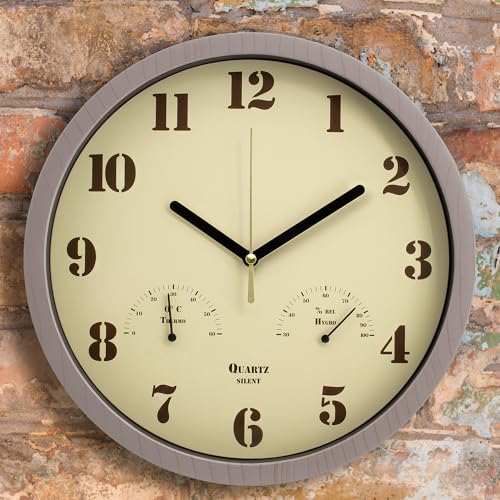 laimaimi Small Outdoor Clocks for Patio 10 Inch Silent Non-Ticking Analog Clock with Thermometer & Hygrometer, Battery Operated, Indoor Outdoor Use Waterproof Wall Clocks