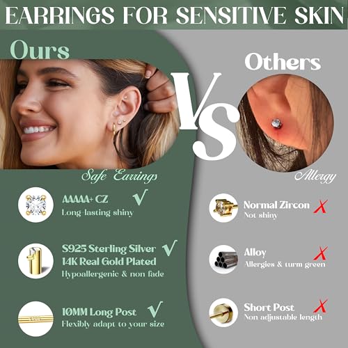 FASACCO 14K Gold Earrings for Women Men 925 Sterling Silver Post Earrings Studs Hypoallergenic Small Ball CZ Hoop Stud Earring Sets for Multiple Piercing4