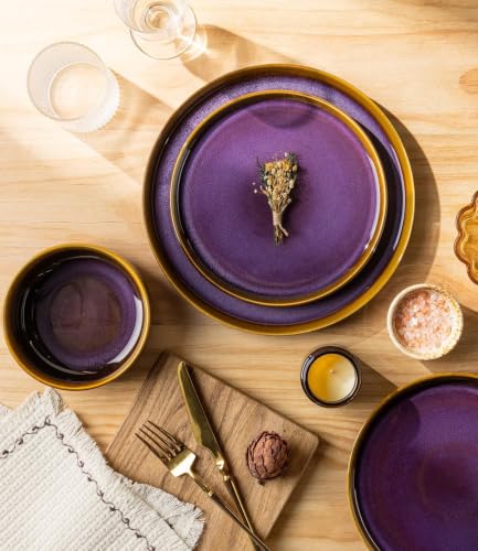 Image of TheTerra Ceramic Dinnerware Sets for 8, 24 Pieces Handmade Reactive Glaze Plates and Bowls Set, Scratch Resistant Dish Set, Oven & Microwave & Dishwasher Safe, Amber Amethyst