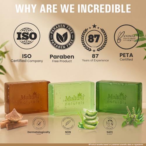 Image of Multani Natural Assorted Soap - 125 gm (Pack of 3) | Neem Tulsi + Sandalwood + Aloe Vera Soaps | For Tan Removal and Skin Brightening |Ayurvedic Handmade Bath Bar | For All Skin Types | Soap Bar For Men & Women