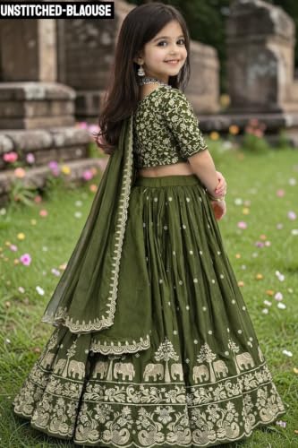 Image of Kids Chiffon Lehenga Choli, Embroidered Elephant and Floral Print, Festive Ethnic Wear with Dupatta