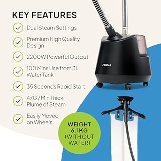 Fridja F1200 Stiratore a Vapore 2200W – Doppia Emissione di Vapore, Serbatoio da 3L – Rimuove le Pieghe su Tutti i Tessuti – Design 2024 – Nero Opaco, Professionale e Potente