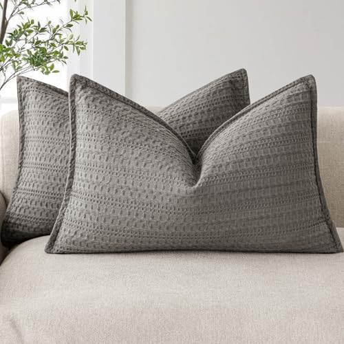 Image of Foindtower Set of 2 Decorative Cotton Waffle Weave Lumbar Throw Pillow Covers Euro Shams Cushion Covers Accent European Pillowcase for Bed Couch Bedroom Living Room Home Decor 12x20 Inch Taupe Gray