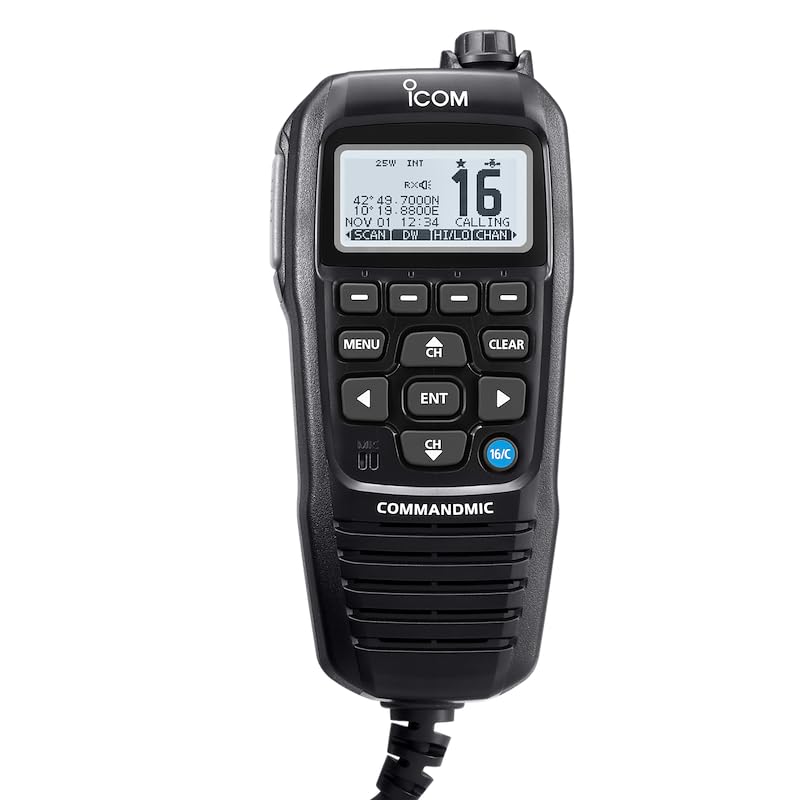 VHF Radio Handset Dot Matrix Display IPX7 Rating Waterproof Black with White Backlight/ 20 Foot Cable/Microphone Hanger/DC Power Cable/Mounting Base