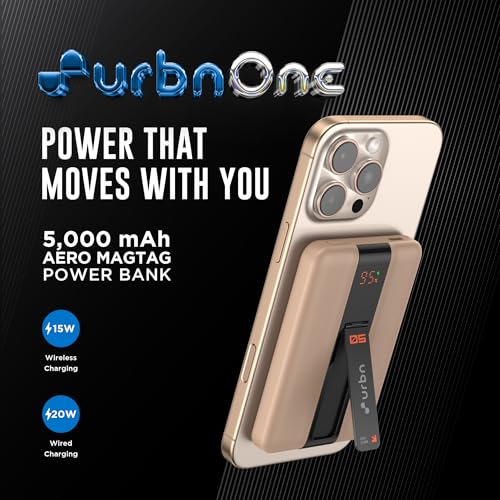 Image of URBN One Premium MagSafe Power Bank 5000mAh | 15W Fast Magnetic Wireless Charging | Built-in Detachable Type C Cable | Dual Port with Pass Through Charging (Mocha)