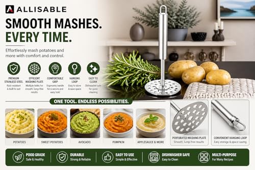 Image of Stainless Steel Potato Masher | Heavy Duty Vegetable Masher with Ergonomic Handle | Rust Resistant Cooking Tools