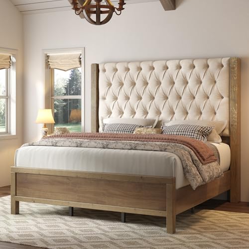 Jocisland Solid Wood King Size Bed Frame 57 Tall Farmhouse Platform Beds Upholstered Line Wingback Headboard Deep Button Tufted No Box Spring Needed Easy Assembly Gray Wash