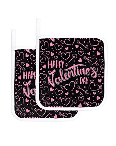 2 Packs Valentine's Day Pot Holders Sets for Kitchen,Oven Pan Plate Bowl Pads Heat Proof Mat with Hanging Loop,Thick Terry Cloth Potholders Soft Grip for Cooking Baking Pink Black Romance Love Heart