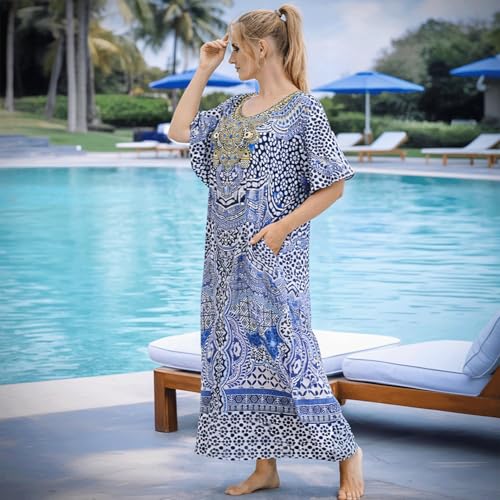 Image of Miss Lavish London Kaftan for Women Dress V Neck Summer Swimsuit Cover Up Blue Caftan Maxi Beach Dress, Plus Size African Kaftan with Batwing Sleeves, Side Slit & Pockets on Both Sides-Blue-2XL