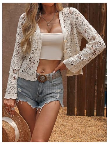 Women's Cardigan Sweater Crochet Hollow Out Button Front V Neck Long Sleeve Knit Crop Sweater Top4