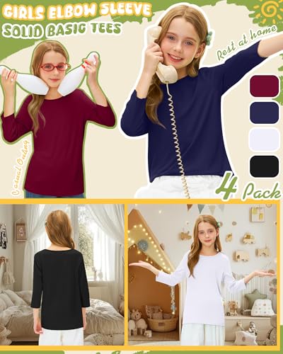 Image of 4 Pack Girls 3 /4 Sleeve T Shirts Kids Crewneck Elbow Sleeve Casual Tops Solid Basic Cute Teen Tees 5-14Y