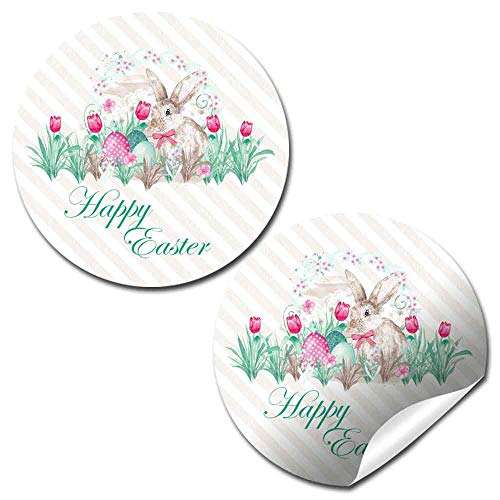 Watercolor Bunny With Tulips Happy Easter Themed Thank You Sticker Labels, 40 2" Party Circle Stickers By Amandacreation, Great For Party Favors, Envelope Seals & Goodie Bags #TOP21