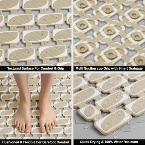 Image of LUXEHOME International Rubber Shower Mat for Bathroom Floor Anti Slip Water Resistant Ibija Pattern Bath Tub Shower Matt Heavy Duty 40x70 Cm Beige Pack of 1