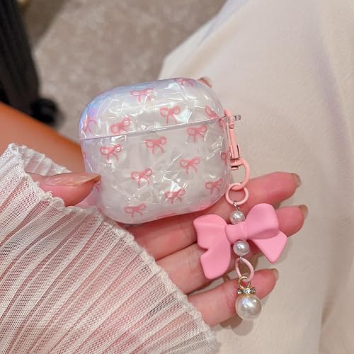 Image of MINSCOSE for Cute Glitter AirPods 4 Case,Shell Pattern Bow Ribbon Trendy Design with Bowknot Pearl Keychain,Protective Shockproof Cover for Apple Airpods iPod 4th Generation for Women Girl-Pink