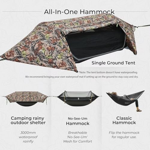 Image of Camping Hammock Tent with Mosquito Net & RainFly, 3 in 1 Waterproof Portable Sleeping Hammock Bug Backpacker Lightweight Outdoor Gear Swing for Hiking Travel Patio Expedition(Camouflage)