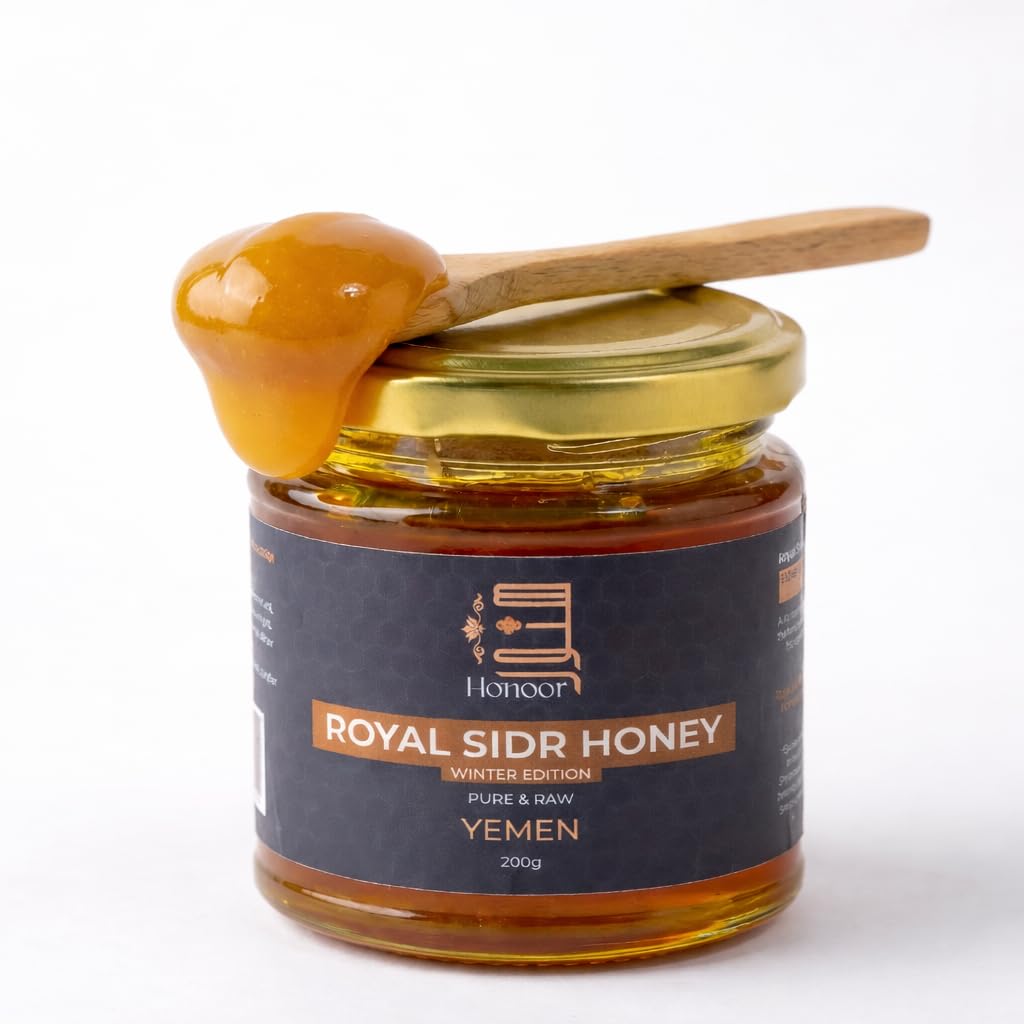 Honoor Royal Yemeni Sidr Winter Harvest with Royal Jelly Highest Grade Extremely Rare | Natural Unfiltered Unheated Pure 200 Grams | Unpasteurised Raw Luxury Honey in a Glass Jar