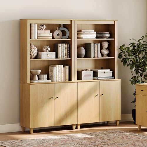 Image of WAMPAT 71 inch Tall Bookcase with Doors & Storage Cabinet, 2 Column Modern 5-Tier Bookshelf with Adjustable Shelf, 71 inch Wide Wooden Display Book Shelf for Home Office, Living Room, Bedroom, Oak