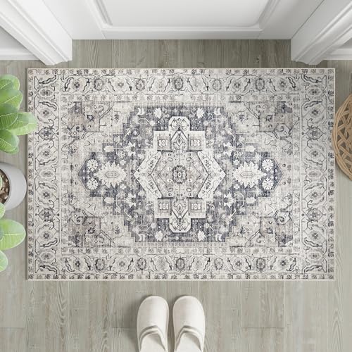 PureCozy Beige Entryway Rug 2x3 Vintage Area Carpet Indoor Kitchen Washable Door Mat Living Room Entrance Small Low Pile Traditional Distressed Retro Accent Throw Rug Non Slip Office Bathroo