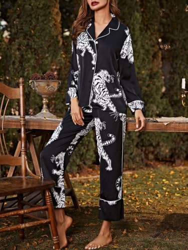 Image of Brosloth Women's Silk Satin Pajamas Long Sleeve Button Up Loungewear Set | Button Down Animal Print Pajamas, Ladies Fancy Pajama sets, Two Piece Lounge Set, Notch Collar Lightweight Sleepwear, Gift