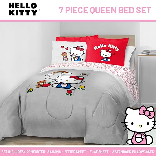 Image of Sanrio Hello Kitty Queen Comforter Set 7 Piece Bedding for Girls, Grey | Bed in a Bag, Comforter Sheets Shams Pillowcases, Official Product, Soft Microfiber, Machine Washable, Girls Gift