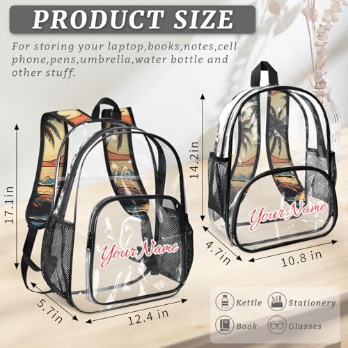 Personalized Large Clear Backpack Stadium Approved Heavy Duty PVC Plastic Custom Ocean Transparent Backpacks See Through Bag with Name, Palm Trees Beach Summer4