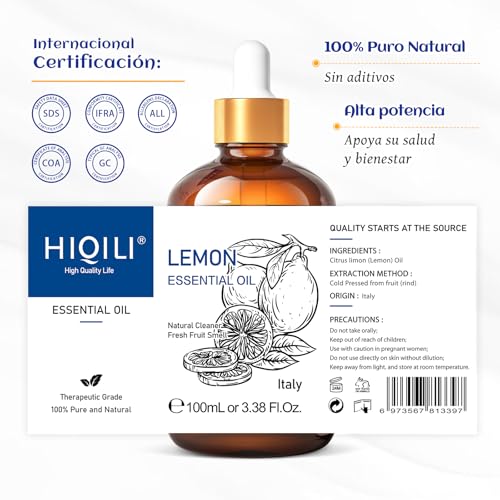 HIQILI Aceite Esencial De Limón 100 Ml, Limpieza Del Hogar, Purificación Del Aire, Cuidado De La Piel, Se Puede Añadir A Limpiadores, Sprays Y Lociones Corporales Uso - 3.38 Fl Oz - imagen 8