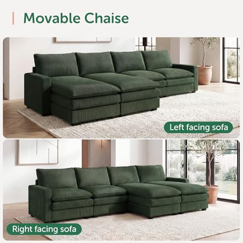 Image of HONBAY 127.2 Inch Corduroy Cloud Modular Sectional Sofa with Chaise, Deep Seat U-Shaped Couch with Storage for Living Room, Apartment, Small Space,Green