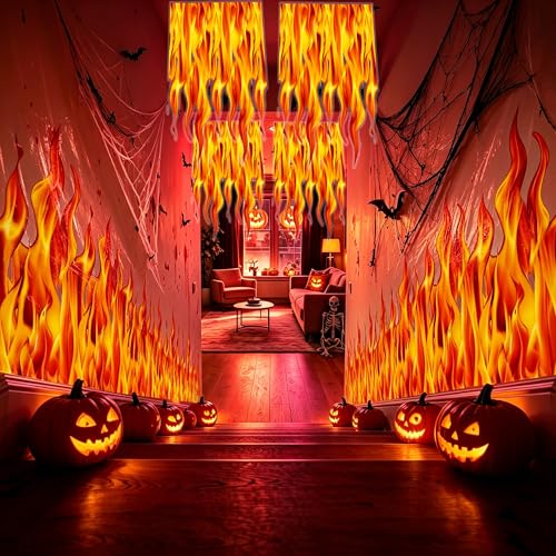 Image of Kochorie 100 Ft x 54 Inch Halloween Flame Party Tablecloth Roll with Cutter Box Waterproof Plastic Fake Fire Table Cover for Halloween Campfire Party Supplies Decorations