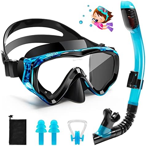 Schnorchelset Kinder, HIKOTEY Trocken Schnorchelset Kinder Anti-Fog Panorama, Anti-Leck Tauchmaske Dry Schnorchel mit wasserdichte Ohrstöpsel, Schnorcheln Set für Jungen