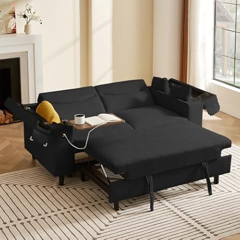 hansones 66" Pullout Couch Sleeper Sofa with Hidden Side Table, Storage Armrests & USB Charging – Convertible Sofa Bed with Spring Mattress & Wood Frame, Great for Small Spaces (ZY-2027-Black) Cover