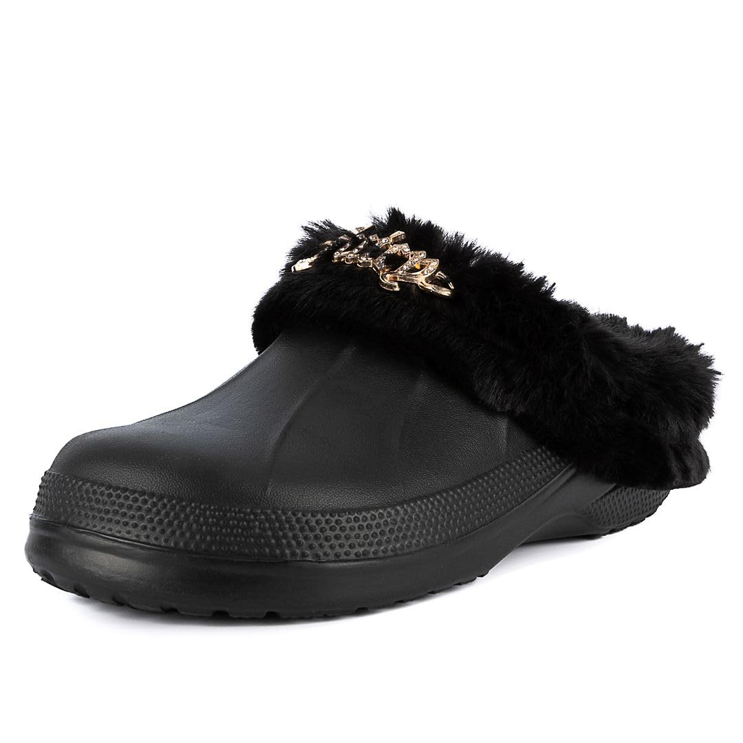 JUICY COUTURE Women's Mule Clogs with Luxurious Fur/Stylish Jewel Embellishments, Sizes 6-10