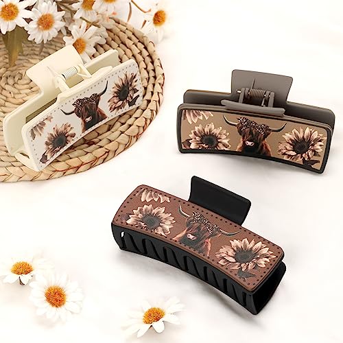 Ciyvolyeen Highland Cattle Hair Claw Clips 4 Inch Large Hairpins For Women Matte Leather Floral Scottish Cow Long Thick Hair Neutral Colors Appreciation Gifts Idea Teacher Nurse Mom Friends Teens 3Pcs thumb #4