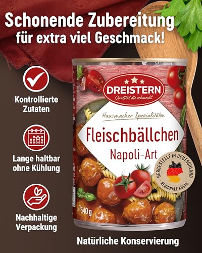 DREISTERN Fleischbällchen 540g I Mit Schweinefleisch in Tomatensauce I Herzhafte Spezialität in recyclebarer Konservendose I Lange Haltbarkeit dank natürlicher Konservierung I Hausmacher Qualität