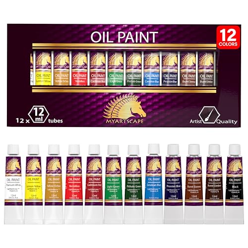 MyArtscape Oil Paint Set - 12 x 12ml Tubes - Lightfast - Heavy Body - Oil-based Vibrant Colors - High Pigment Load - Non-fading - Artist Quality Painting Supplies - Professional Craft Paints