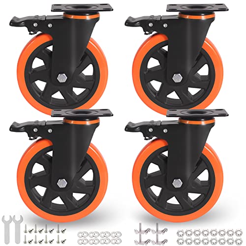 6 Inch Caster Wheels 3000 Lbs, Heavy Duty Casters Set of 4 with Brake, Safety Dual Plate Locking Industrial Casters, Silent Wheels for Cart with Polyurethane Foam (Two Hardware Kits Included)