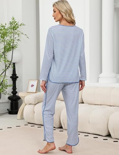 Bloggerlove Women Cotton Pajamas Set 2 Piece Stripe Lounge Pj Set Long Sleeve Top and Pant with Pockets S-2XL3