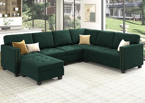 HONBAY Velvet Modular Sectional Couch, U Shaped Sectional Sofa with Storage Tray Ottoman Sofa Couch with Reversible Chaise, Green