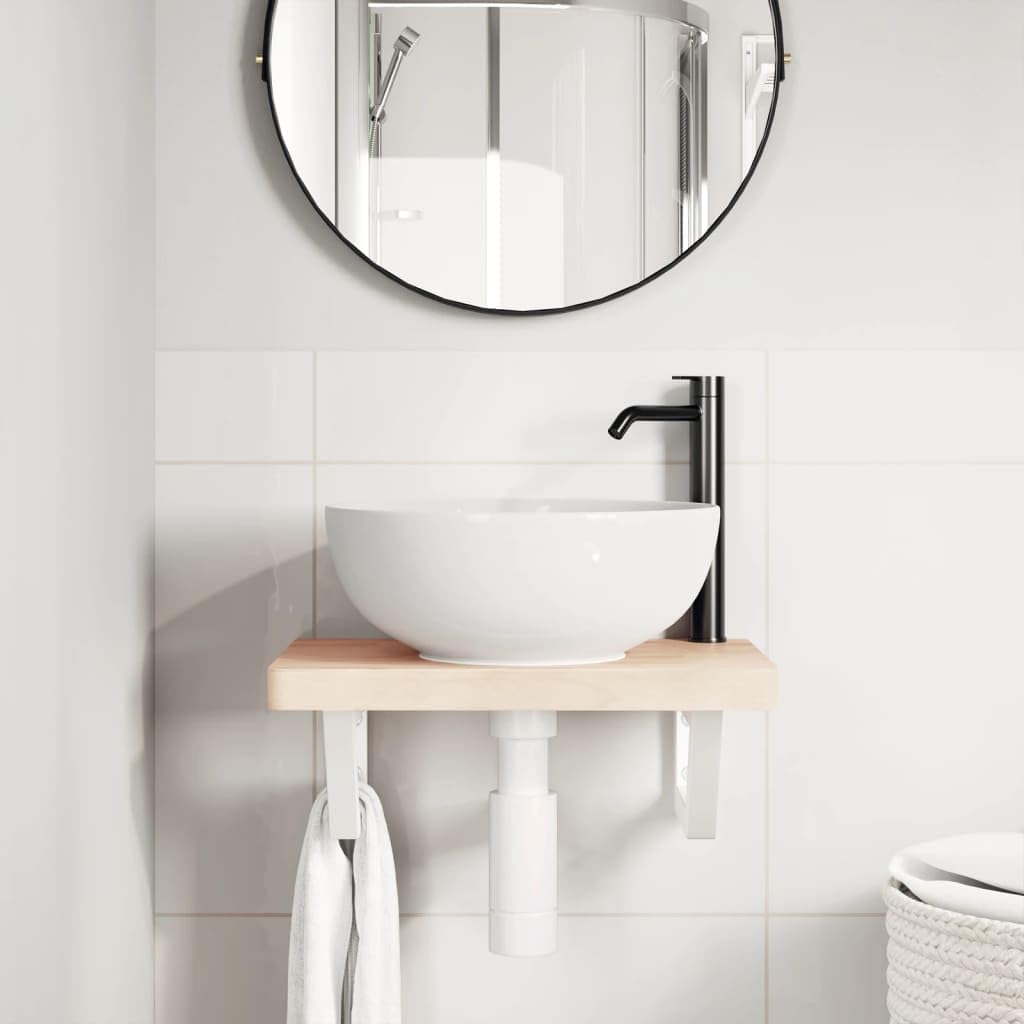 Estantería para lavabo de pared de acero y madera de haya maciza, 50 x 35 x 4 cm, con soporte trapezoidal, ahorra espacio para baño y lavabo, soporta hasta 100 kg