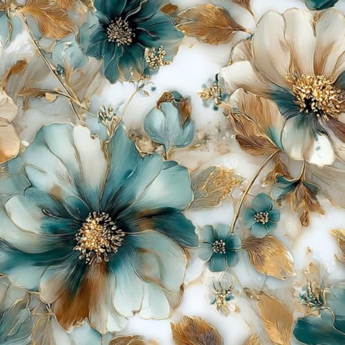 壁紙 45cm x 300cm 剥がせる 白い背景にティールとゴールドの色調を用いたエレガントな花柄 多機能 防水/汚れ防止/防油 食器棚 クロ 玄関 ふすま紙 家具 部屋 DIY 賃貸OK