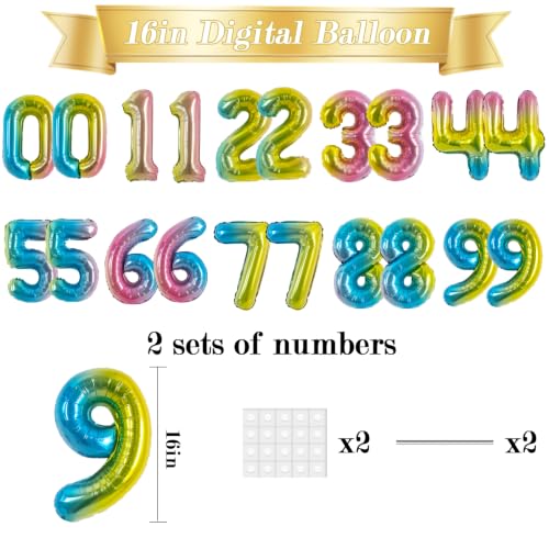 Image of TONIFUL 2 Set Colorful Gradient Number Balloons 16 Inch 0-9 Mylar Foil Balloons 20 Pcs Rainbow Small Custom Digital Ballons for Birthday Baby Shower Graduation Anniversary Party Decorations