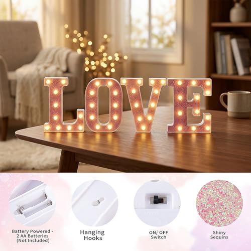 Image of Pink Glitter Marquee Light Up Letters, Battery Operated LED Letter Lights Signs for Pink Birthday Party Table Decorations, Wall Decor for Girls Bedroom, Initial Letter C with Warm White Lights