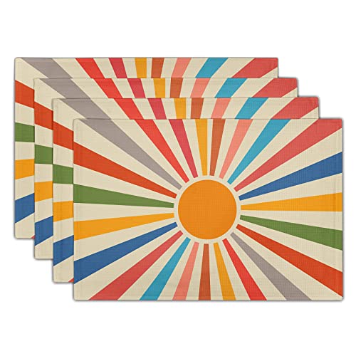Image of Colorful Boho Placemats Set of 4 Rustic Retro Rainbow 70s Sun Linen Washable Kitchen Dining Table Mats Stain Heat-Resistant Desktop Decor Place Mats for Home Party Indoor 12x18 in