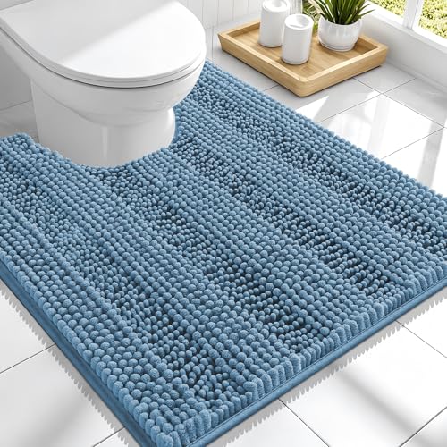 Image of Smiry Thick Chenille Toilet Rugs U-Shaped 24x20, Extra Soft Absorbent Striped Contour Bathroom Rugs, Machine Washable, Dry Quickly, Bath Mat, Airy Blue
